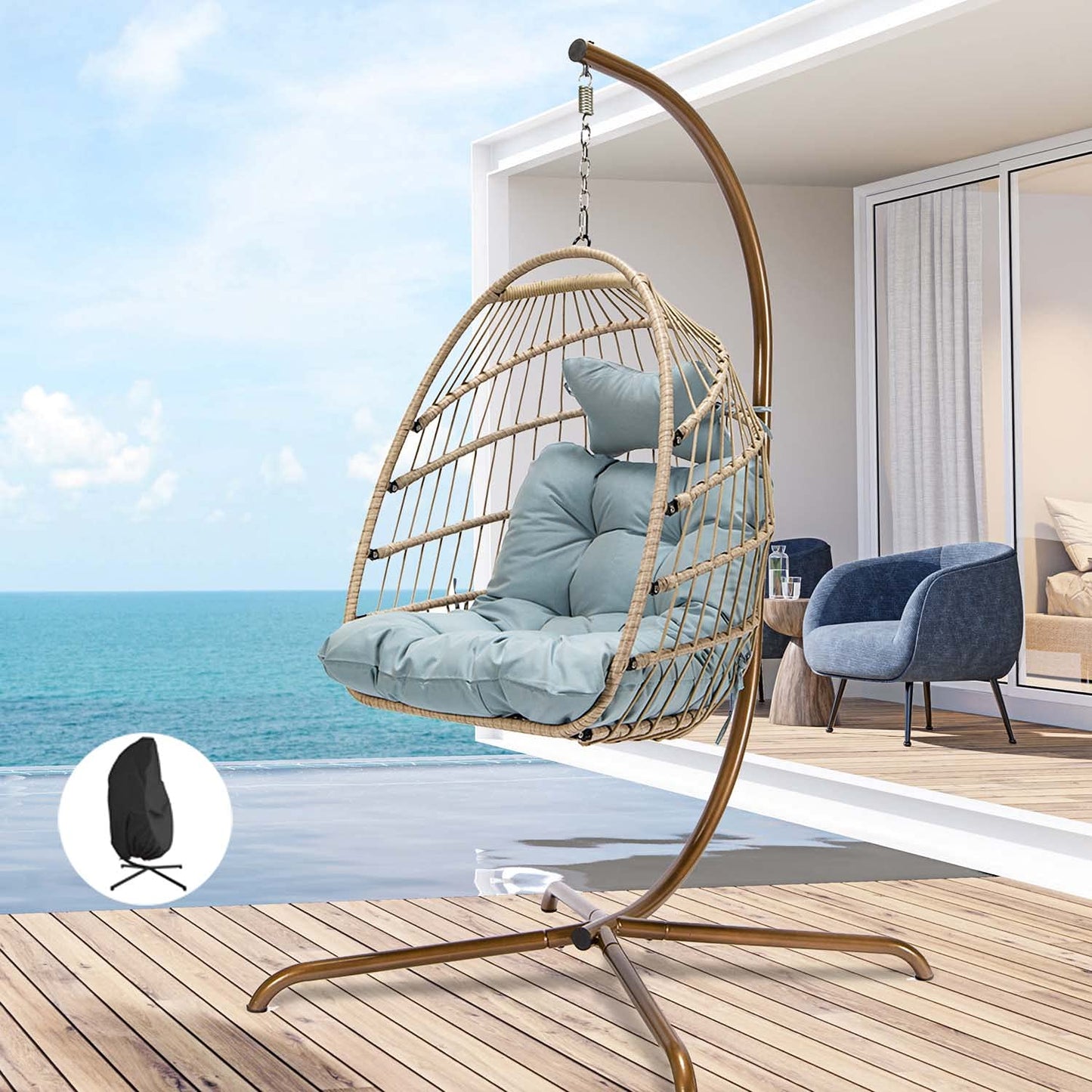 FINCATI Foldable Wicker Hanging Egg Chair With Stand and Cover,Maximum Weight 350 lbs