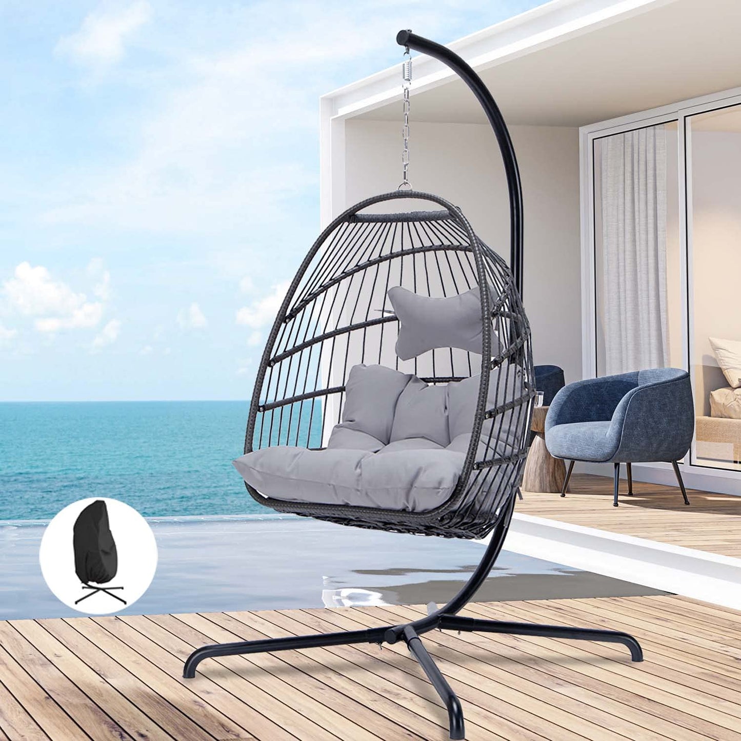 FINCATI Foldable Wicker Hanging Egg Chair With Stand and Cover,Maximum Weight 350 lbs