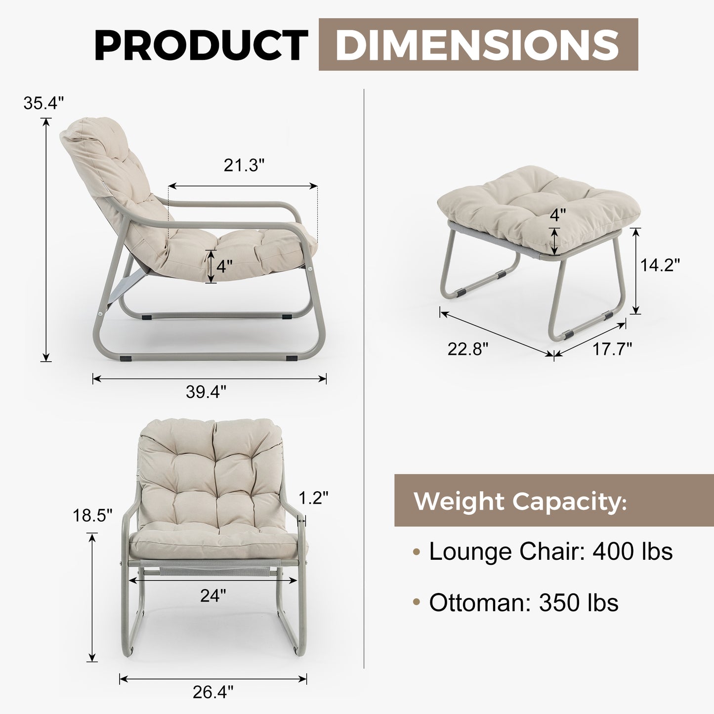 RADIATA Patio Lounge Chair with Armrests & Patio Chair and Ottoman, Oversized Papasan Chair, Heavy Duty 400lbs, Outdoor Chair with Foot Rest, 2PCS,Beige