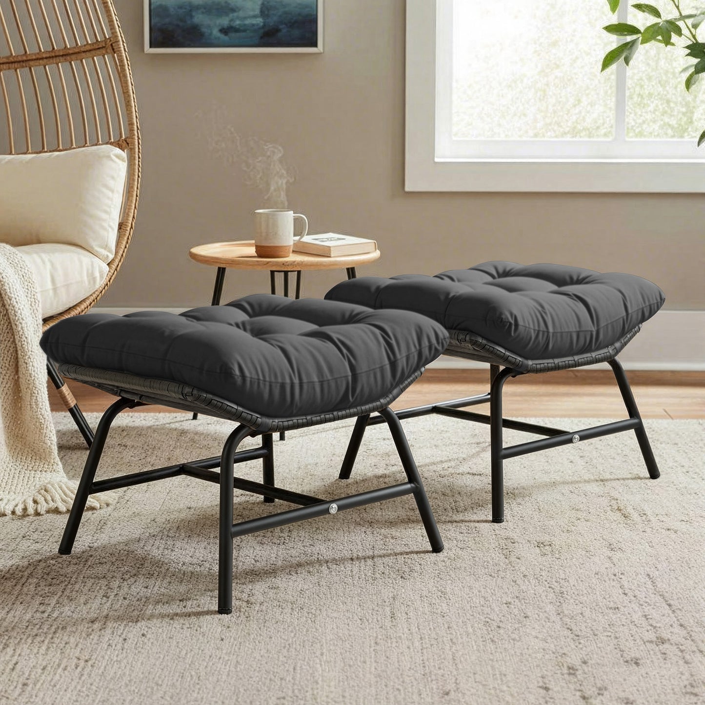 RADIATA 2Pcs Footrest Stool for Egg Chair Outdoor, Boho Portable Comfy Ottoman with Thick Cotton Cushion Padded Sofa Stool with Metal Frame for Lazy Chair, Living Room & Bedroom,Gray