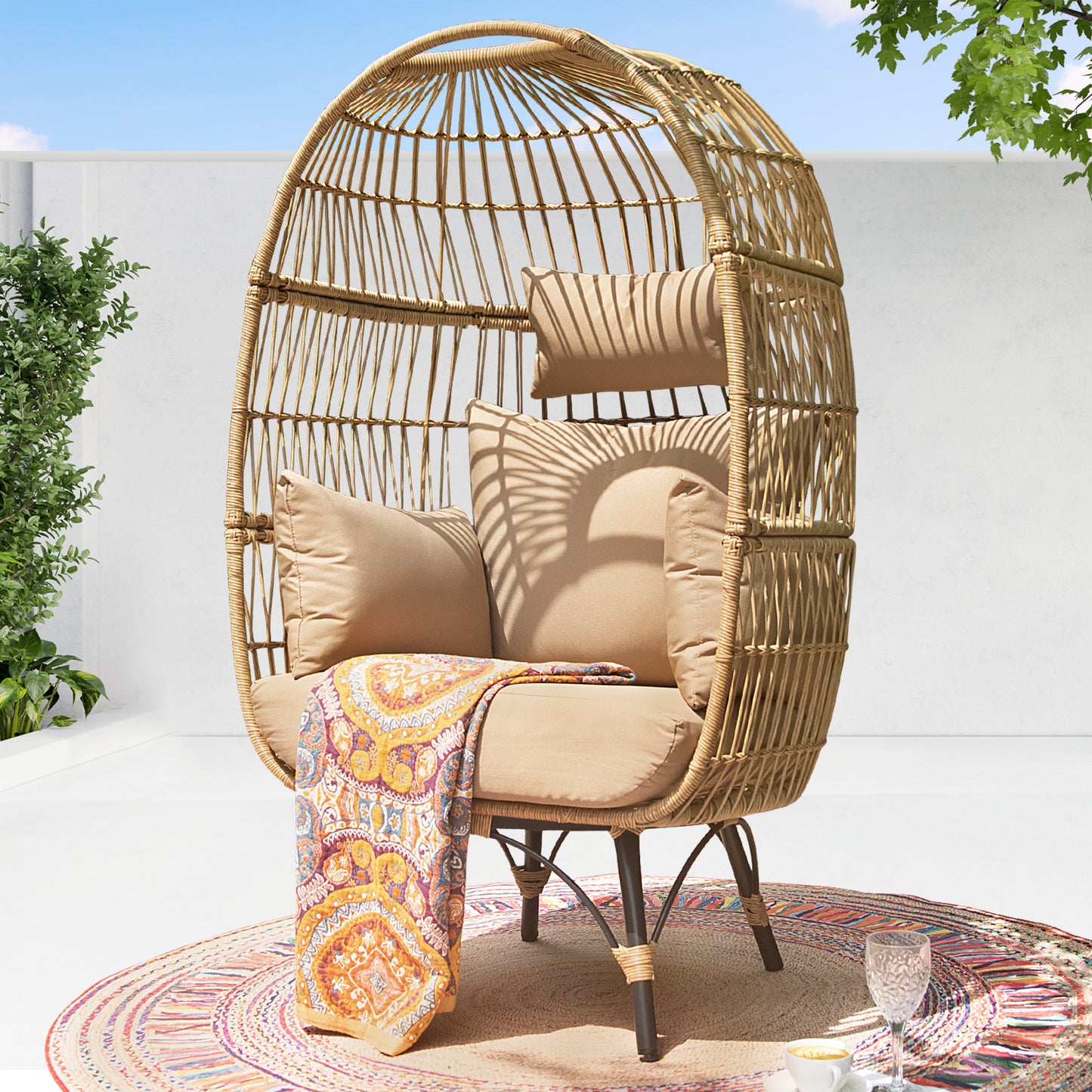 FINCATI Oversized Boho Stationary Wicker Natural Yellow Egg Chair for Garden, Backyard, Living Room, Durable 440lbs Capacity