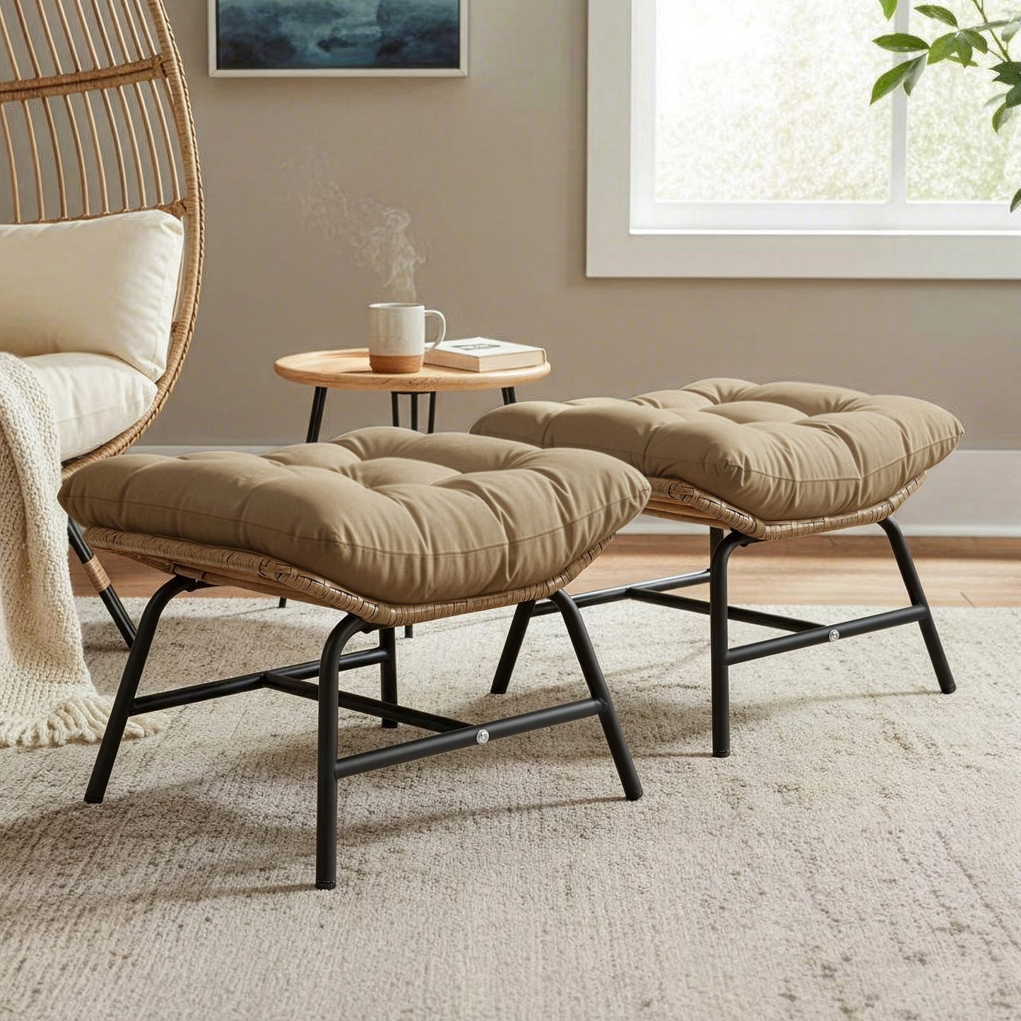 RADIATA 2Pcs Footrest Stool for Egg Chair Outdoor, Boho Portable Comfy Ottoman with Thick Cotton Cushion Padded Sofa Stool with Metal Frame for Lazy Chair, Living Room & Bedroom,Gray