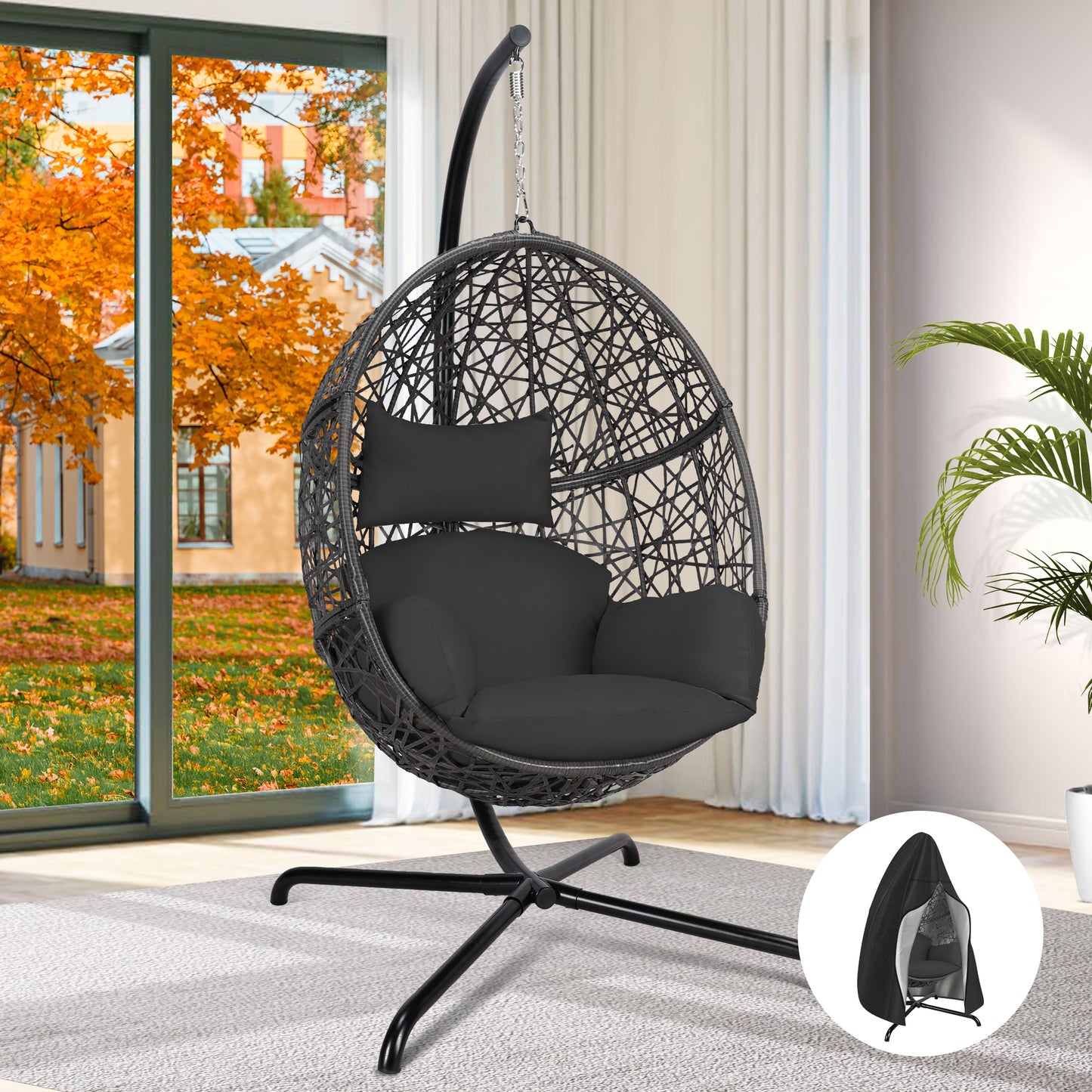 RADIATA Swing Egg Chair Bird Nest Cage Chair with Stand Thicken Gray UV-Resistant Cushion Indoor Outdoor Premium Rattan Wovend Sturdy Metal Frame 275lbs Capacity for Bedroom Living Room