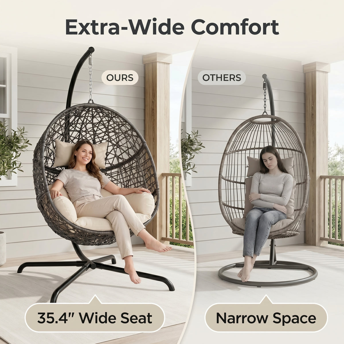 RADIATA Hanging Egg Chair with Stand, Outdoor Indoor Wicker Swing Chair, 350Lbs Nest Chair with Cushions, All-Weather Patio Hammock Seat for Porch Balcony Garden